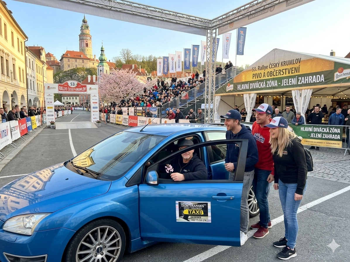 S Taxi Transfer CK se dostanete bezpečně a bez starostí s parkováním přímo do hlavní divácké zóny v Jelení zahradě na Rallye Český Krumlov. Volat můžete na +420 775 535 278.