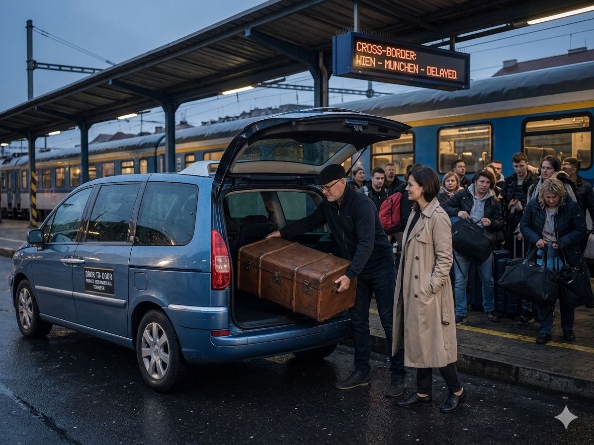Passengers wait at a train platform as a man loads a suitcase from a blue van.