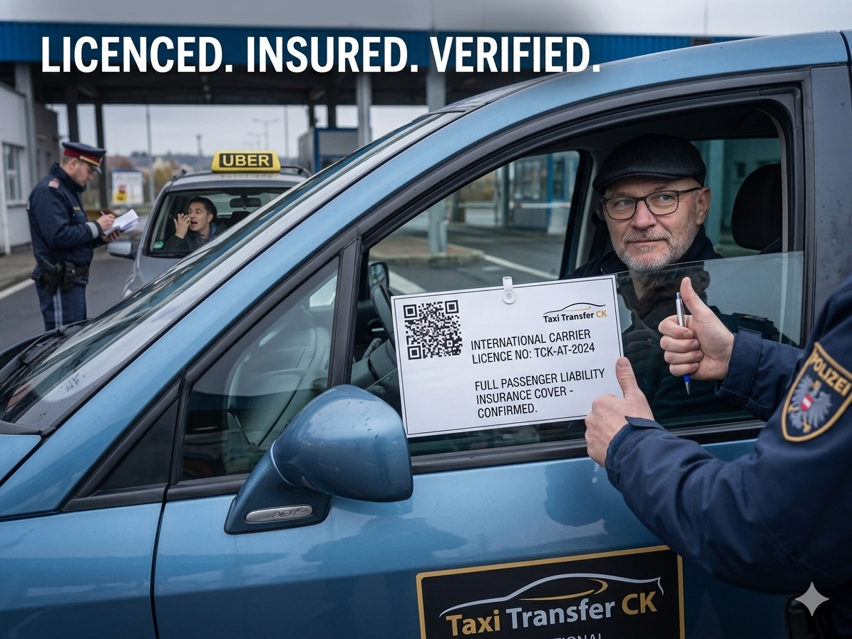 Uniformed officer hands document to driver in blue taxi, with QR code and licensing text visible.