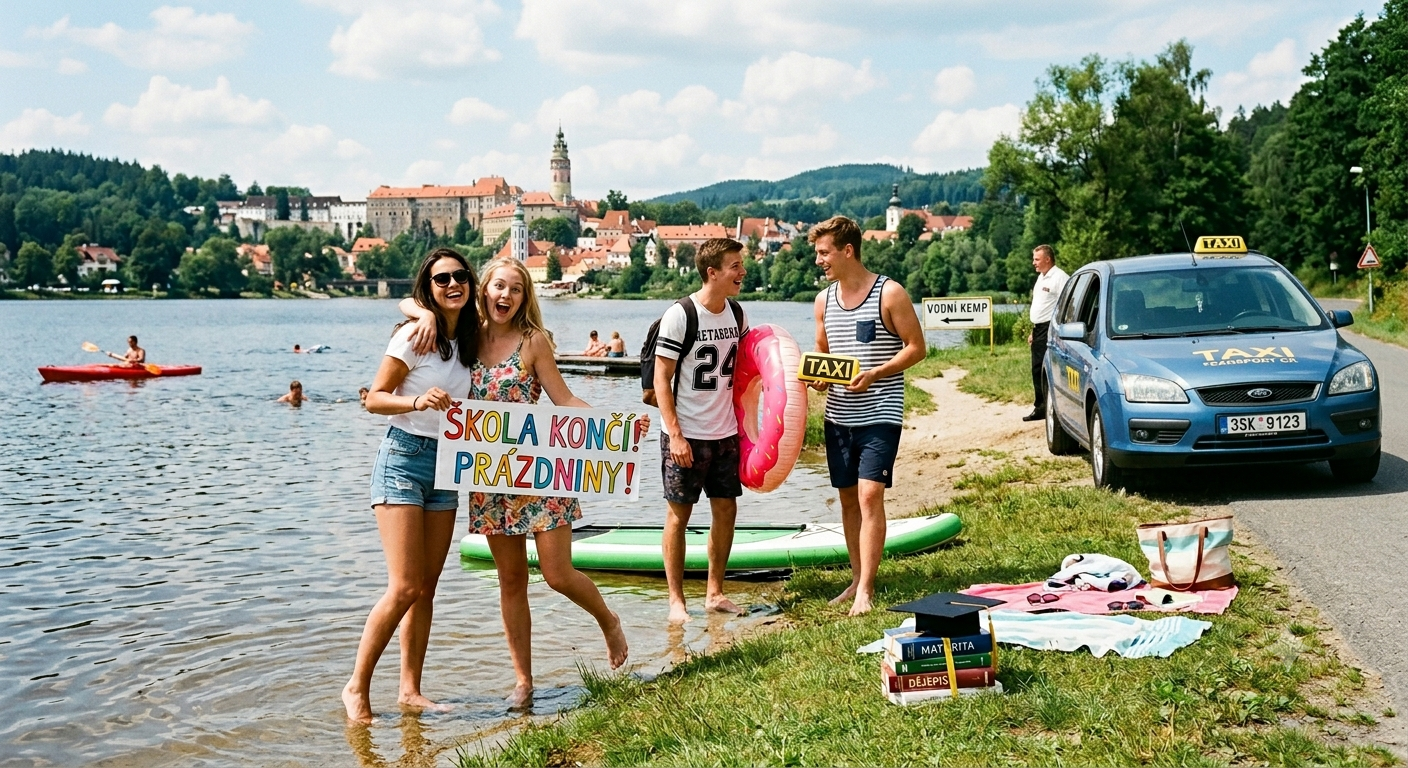Skupina mladých lidí u řeky s nafukovacím kruhem, cedulí „Škola končí“ a taxíkem u břehu.