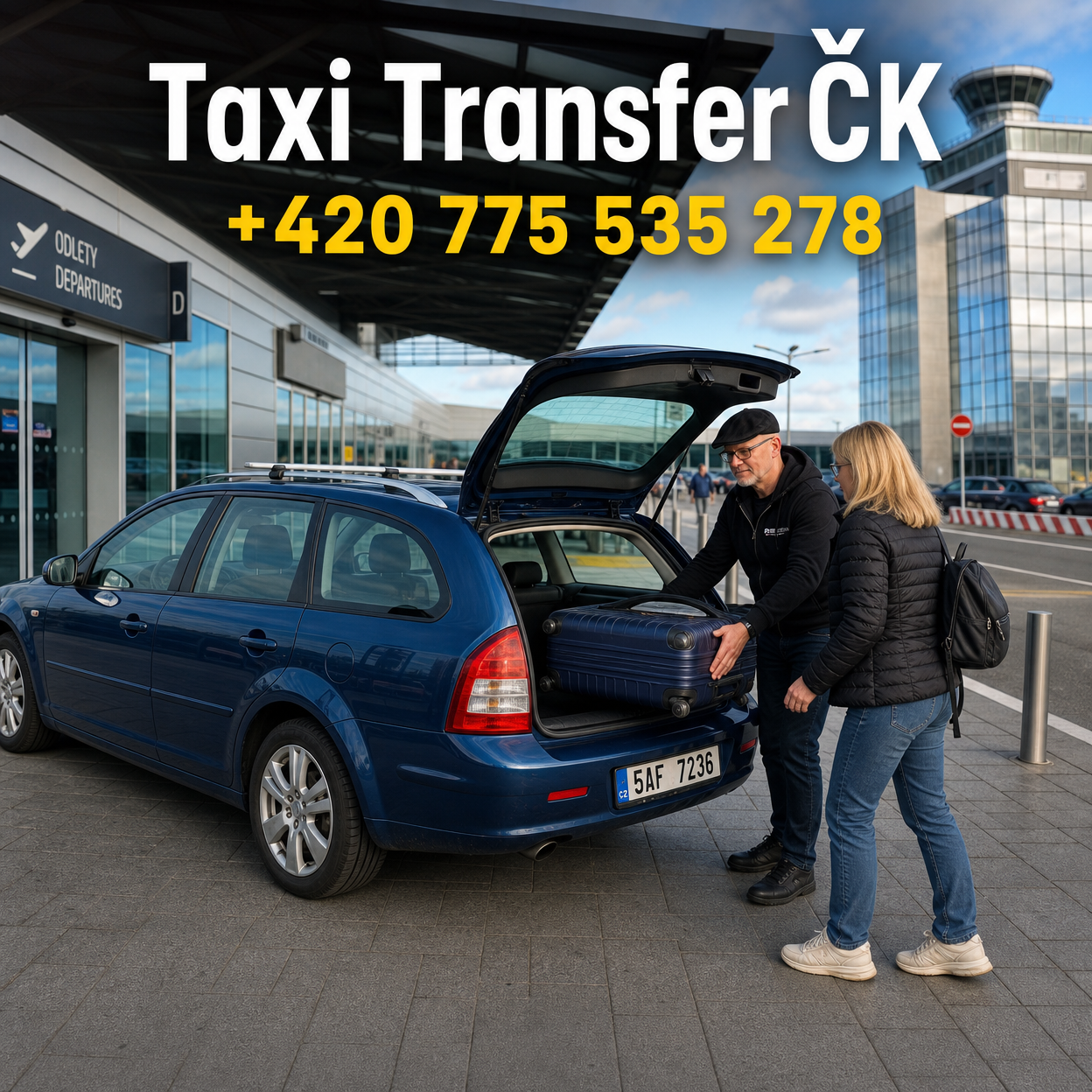 Blue taxi at airport curb with open trunk, two passengers nearby, large “Taxi Transfer CK” phone text overlay.